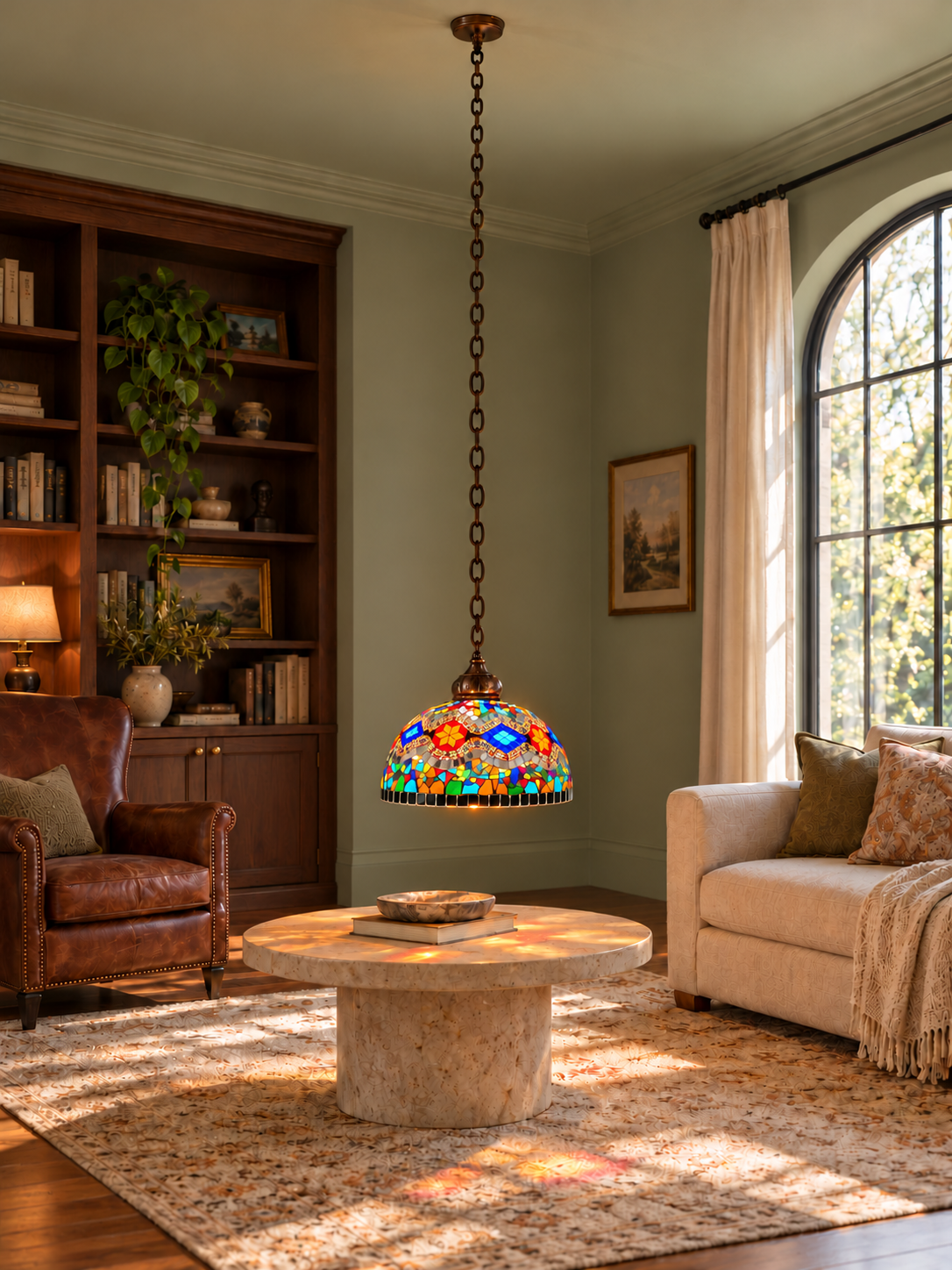 Style M mosaic glass dome pendant, illuminated and installed from a far upper-side position in a full room, with its complete linked chain and ceiling canopy visible.