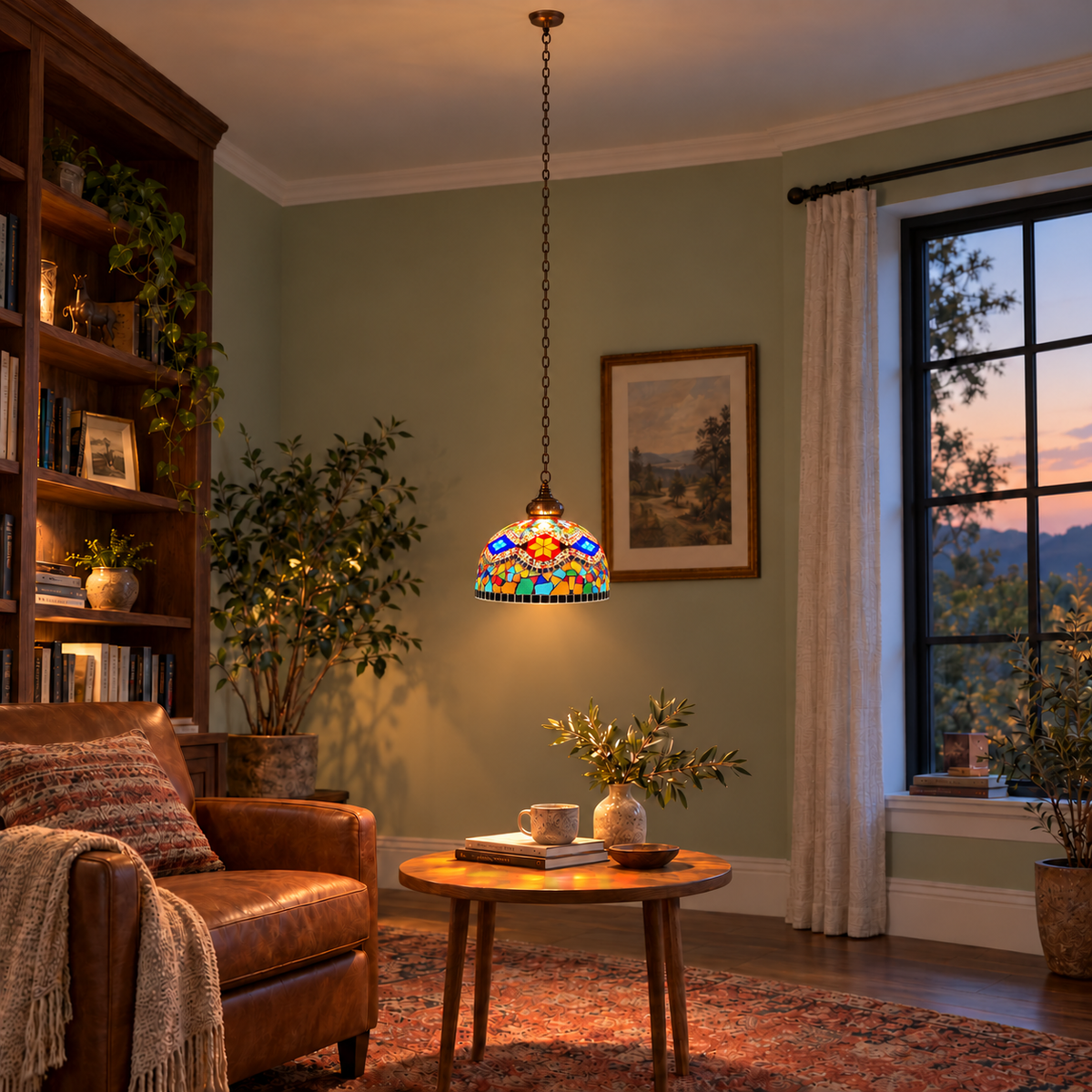 Style M mosaic glass dome pendant, illuminated and visibly installed with complete ceiling canopy and linked chain, photographed from a distant front position in a full room.