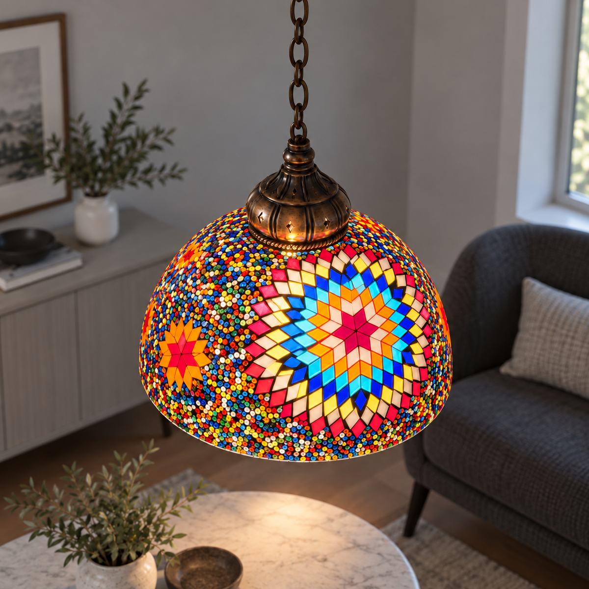 Style A mosaic dome pendant illuminated, medium elevated commercial shade view with suspension continuing above frame
