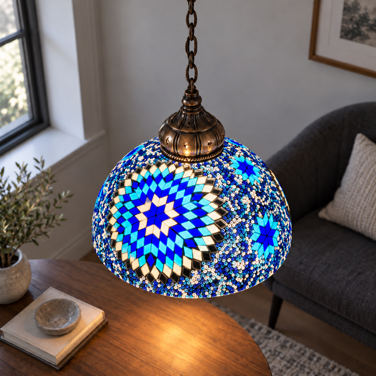 Style B mosaic dome pendant illuminated, medium elevated commercial shade view with suspension continuing above frame