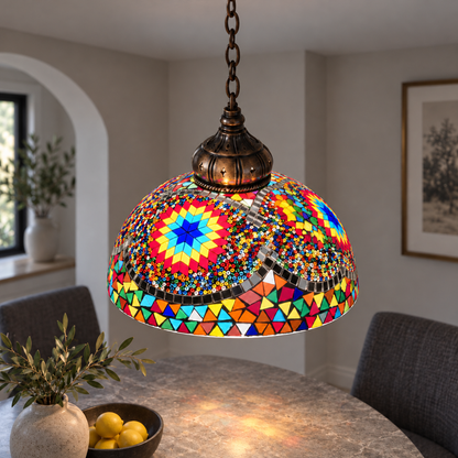 Style C mosaic dome pendant illuminated, medium elevated commercial shade view with suspension continuing above frame
