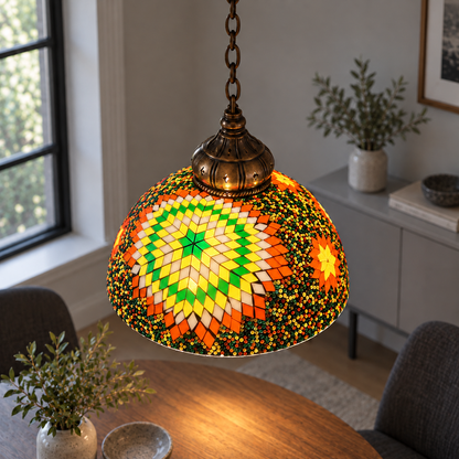 Style D mosaic dome pendant illuminated, medium elevated commercial shade view with suspension continuing above frame