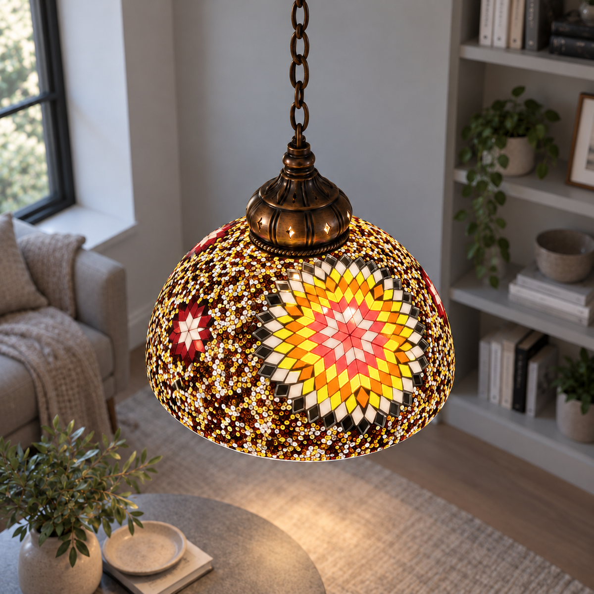 Style F mosaic dome pendant illuminated, medium elevated commercial shade view with suspension continuing above frame