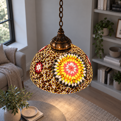 Style F mosaic dome pendant illuminated, medium elevated commercial shade view with suspension continuing above frame