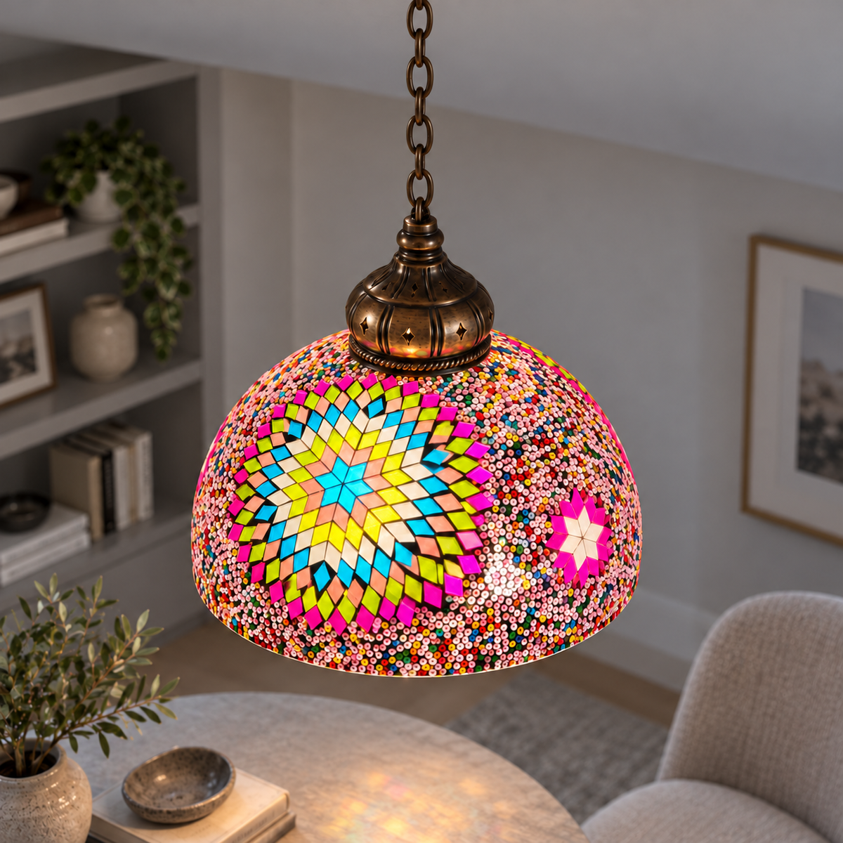 Style G mosaic dome pendant illuminated, medium elevated commercial shade view with suspension continuing above frame