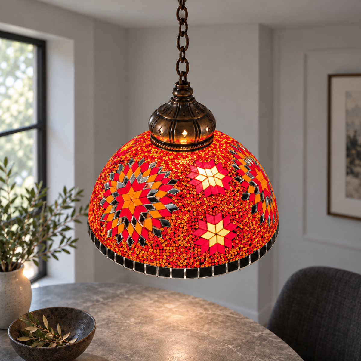 Style H mosaic dome pendant illuminated, medium elevated commercial shade view with suspension continuing above frame