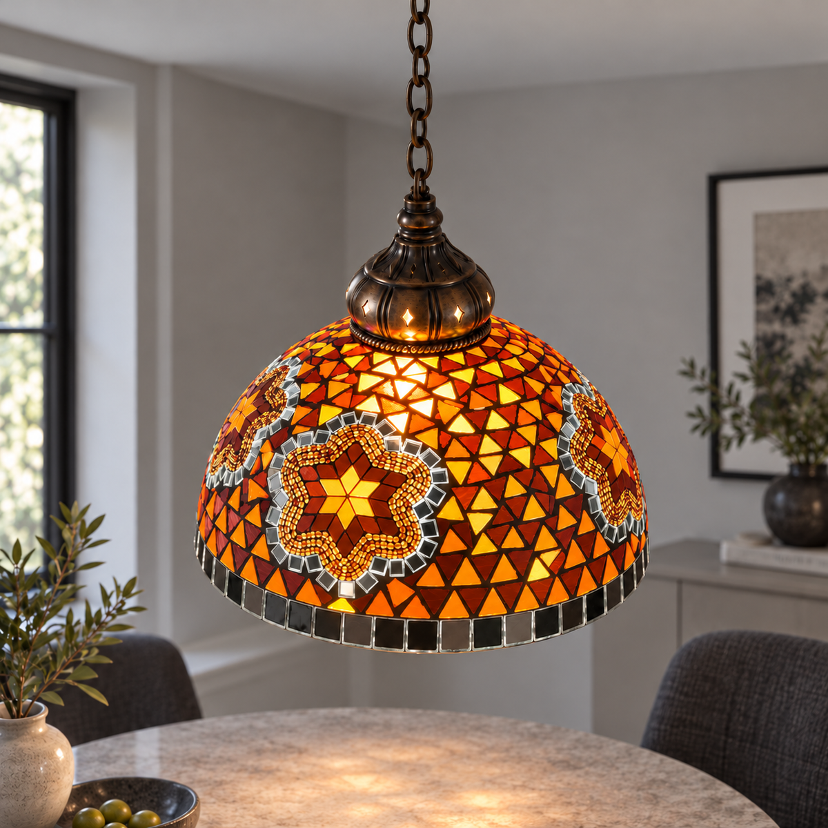 Vintage mosaic glass dome pendant with ornate metalwork — Style I, pattern i canopy crop attempt1, illuminated
