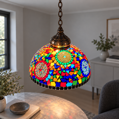 Vintage mosaic glass dome pendant with ornate metalwork — Style J, pattern j canopy crop attempt1, illuminated