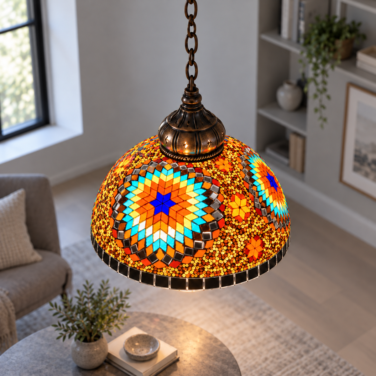 Vintage mosaic glass dome pendant with ornate metalwork — Style K, pattern k canopy crop attempt1, illuminated