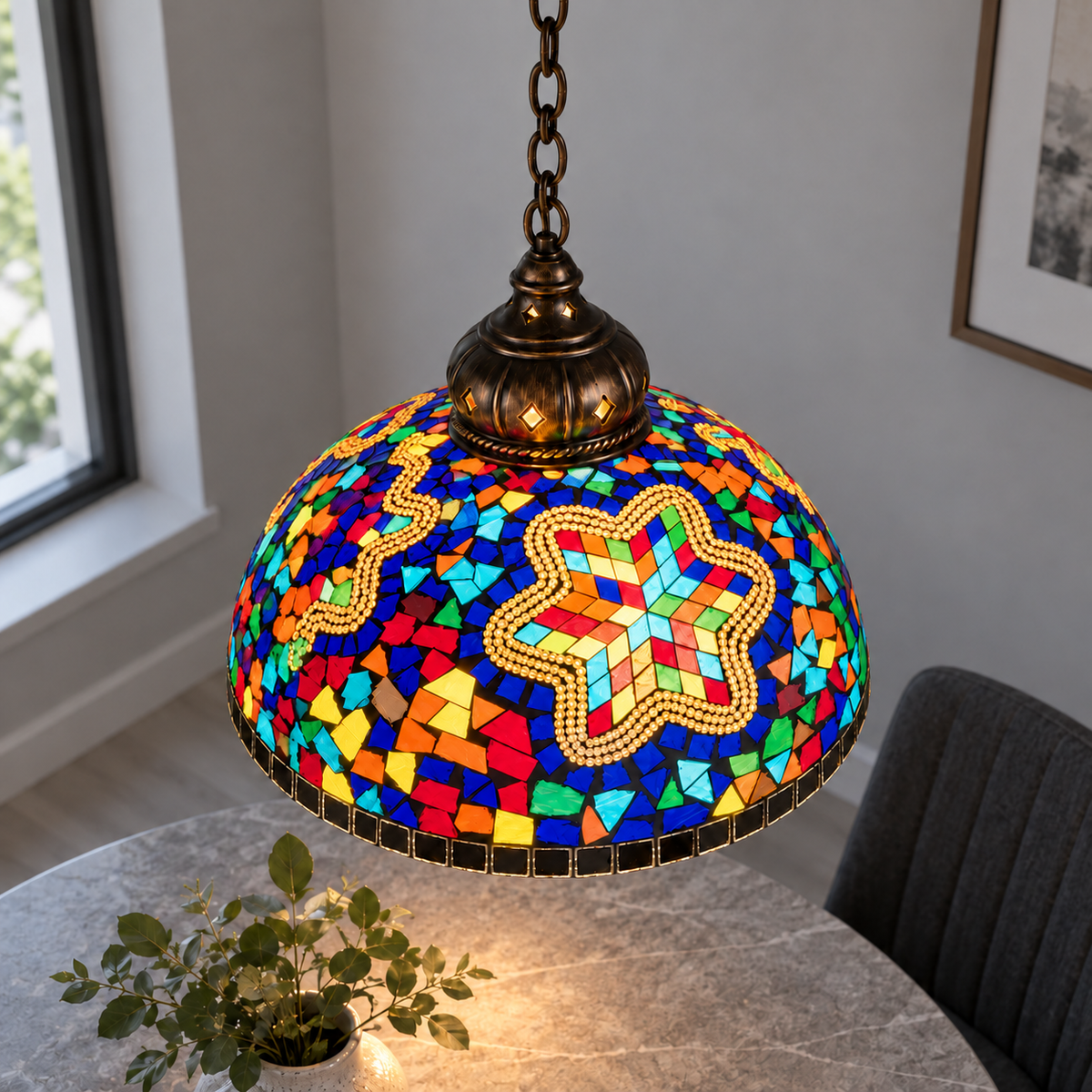 Vintage mosaic glass dome pendant with ornate metalwork — Style L, pattern l canopy crop attempt1, illuminated