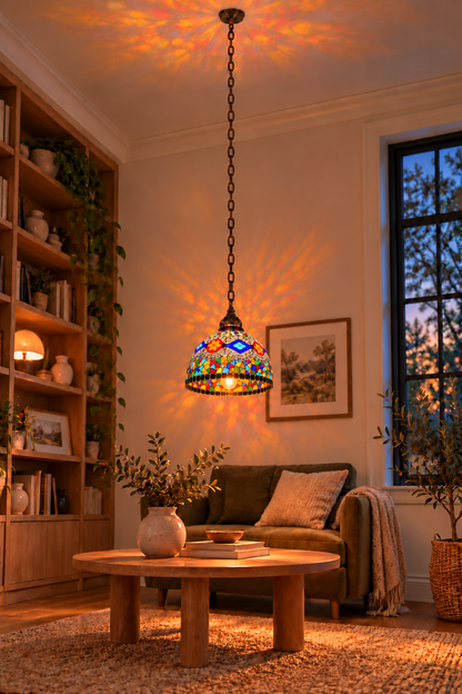 Style M mosaic glass dome pendant, illuminated and visibly installed with complete ceiling canopy and linked chain, photographed from a distant underside position in a full room, with its open inner dome and single bulb visible.