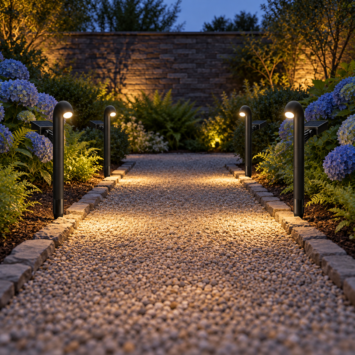 Arched solar path lights with adjustable panels — Black four-light set, far installed front axial view, illuminated