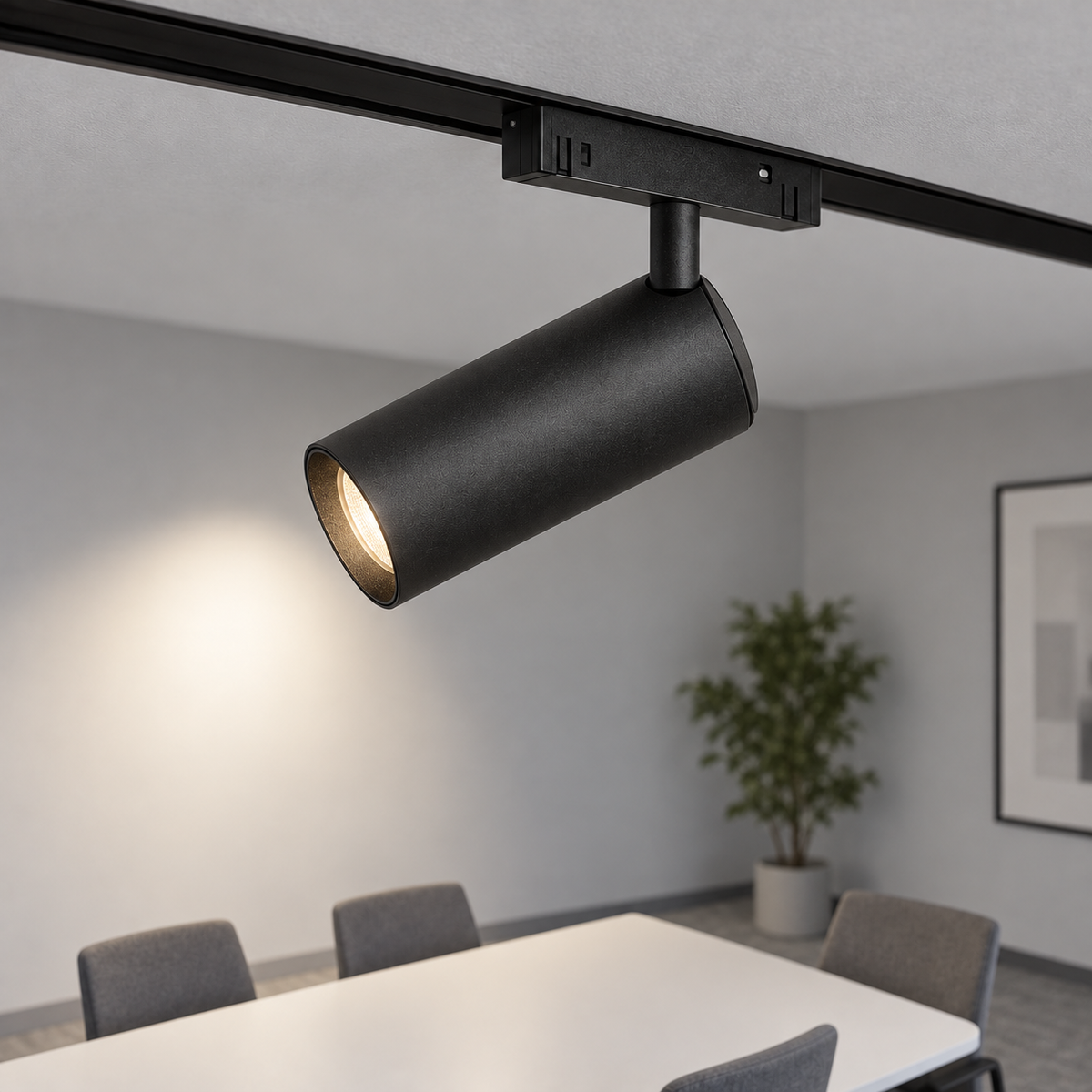 Single black 12W magnetic spotlight secured in its ceiling rail, illuminated in a medium view from above the head body.