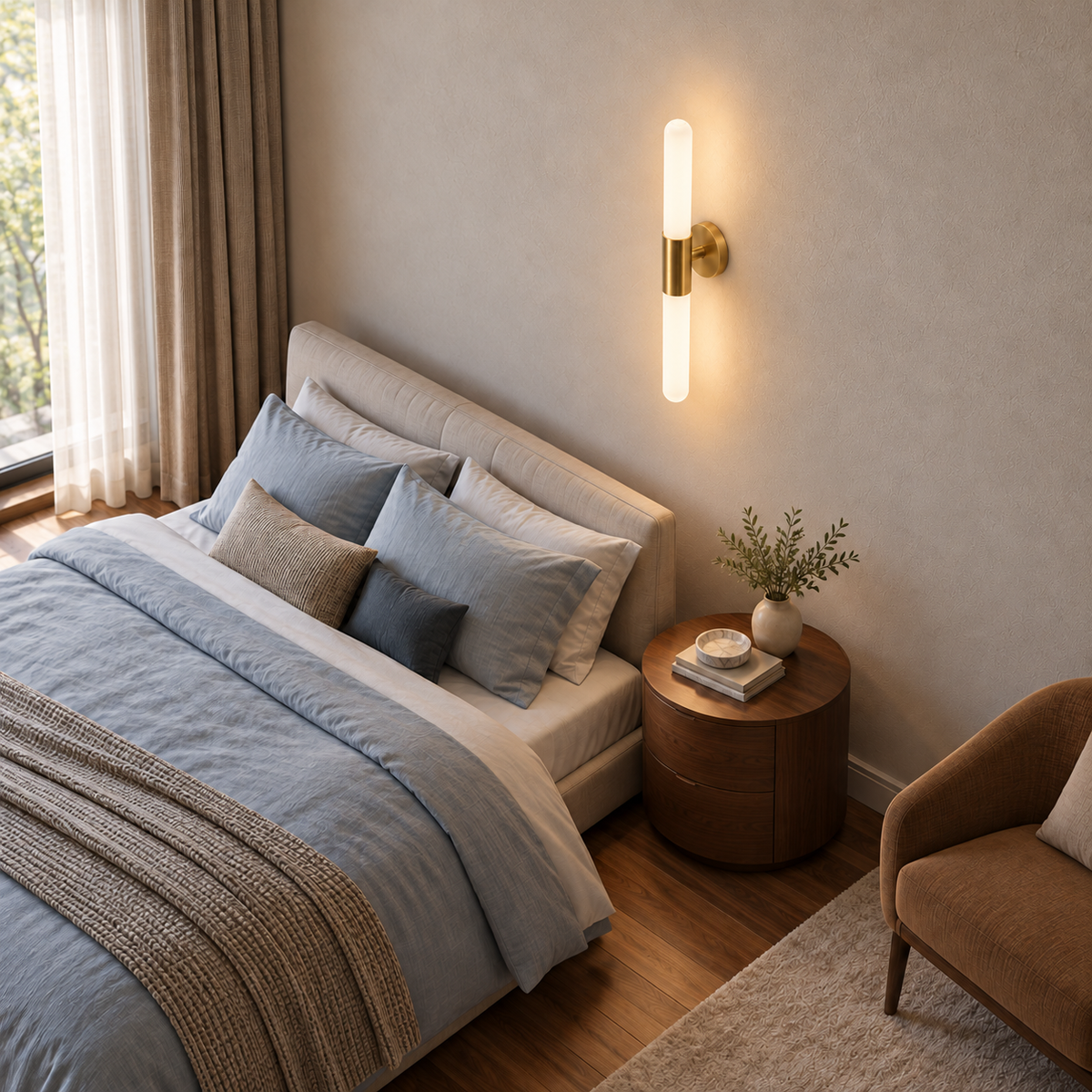 Frosted white and gold two-rod wall light, illuminated and visibly mounted, viewed from a distant raised front-right position in a complete bedroom.