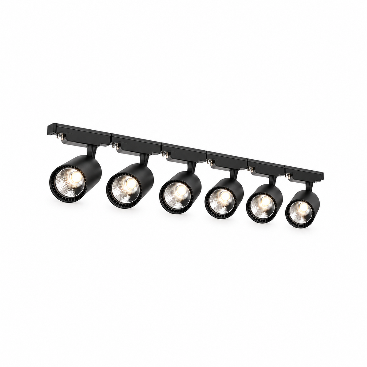 Complete six-head black track kit, 12W or20W head configuration, illuminated, centered catalog view from a lower front angle.