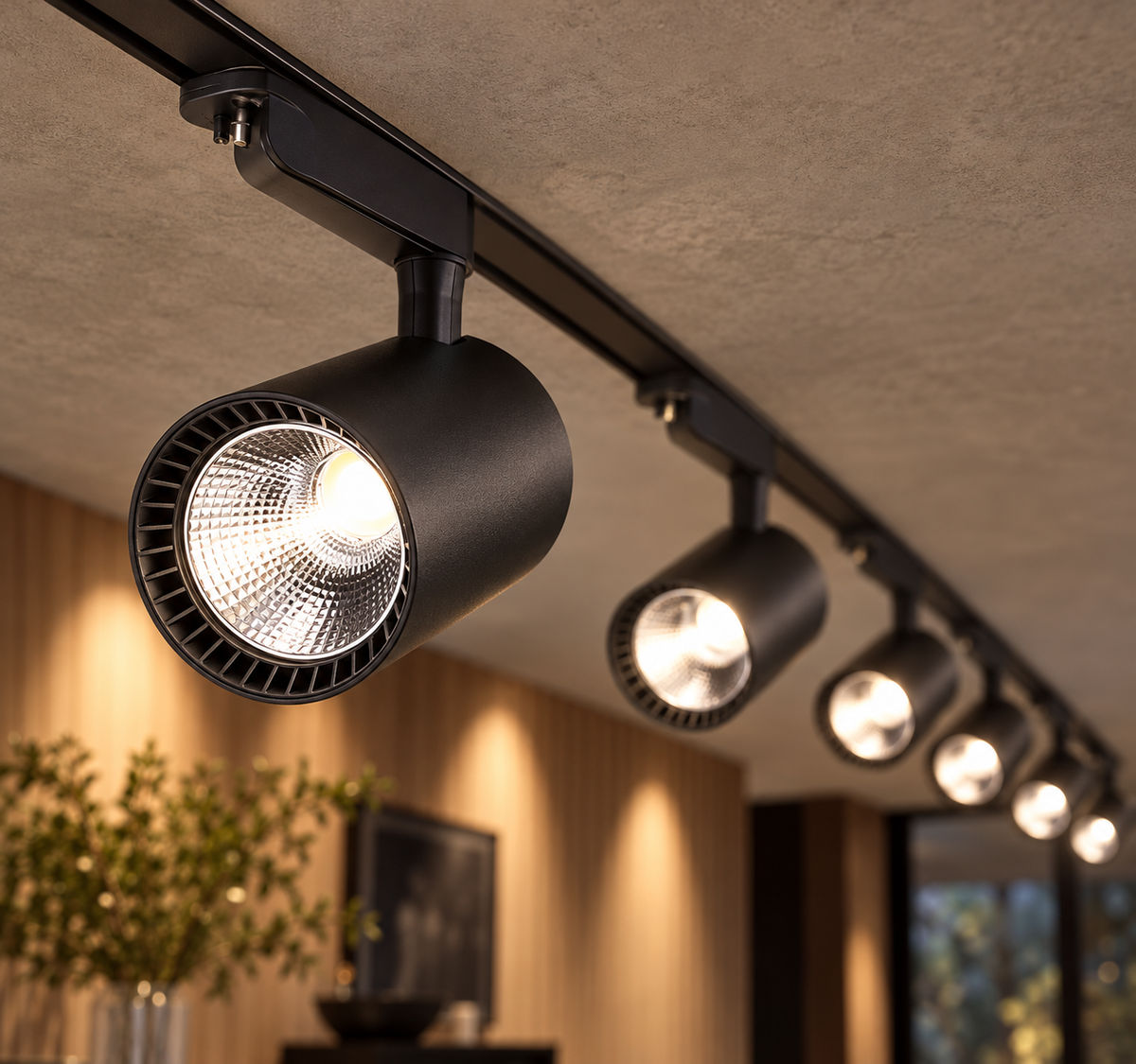Installed black track spotlight with the original long flat adapter, ribbed bezel and illuminated silver faceted reflector in a detailed lower-front view.