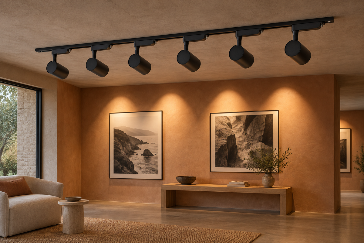 Six black track spotlights securely ceiling-mounted in a terracotta gallery room, photographed from a distant rear-side angle with light on the artwork wall.