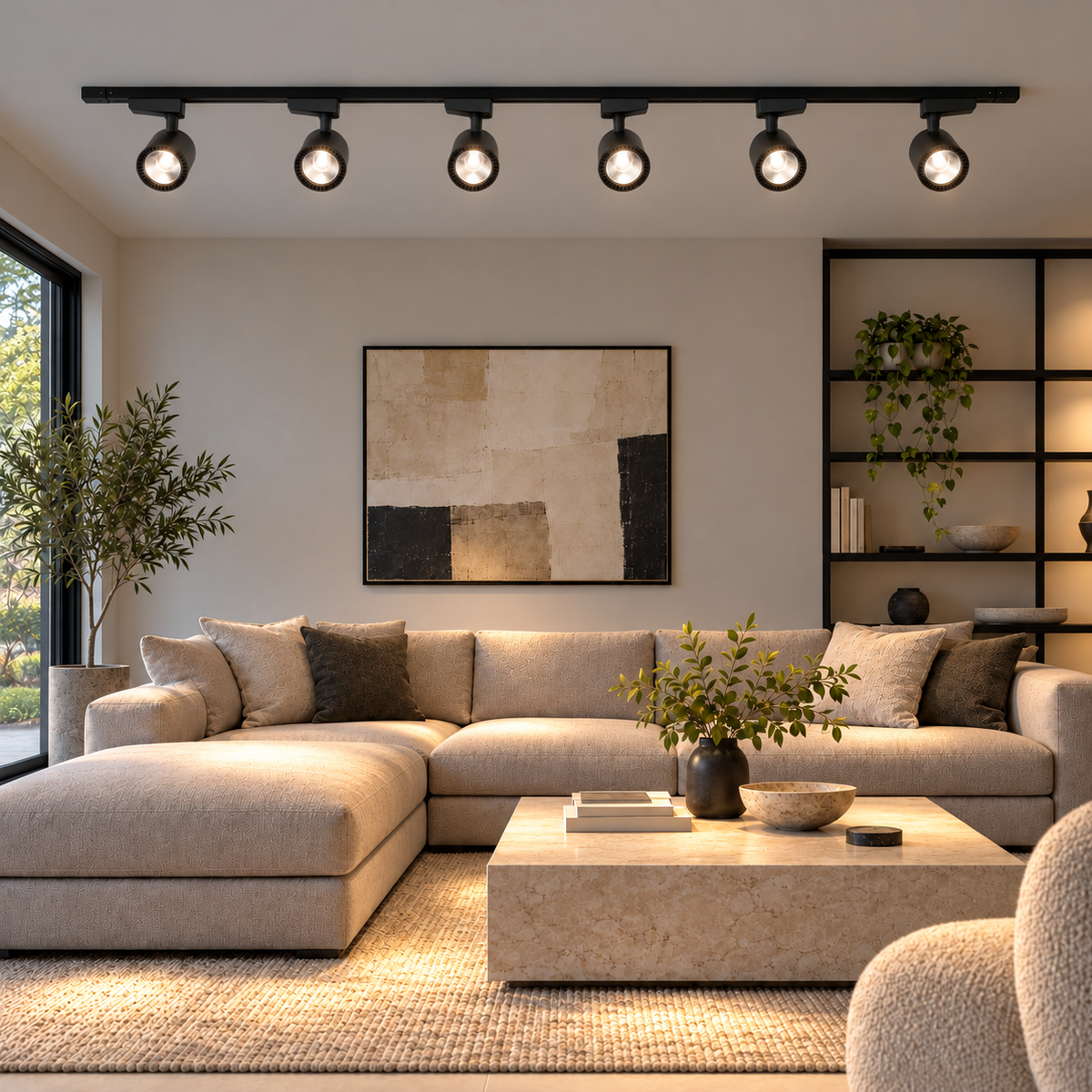 Six black track spotlights, ceiling-mounted and illuminated, shown from the front in a complete living room.