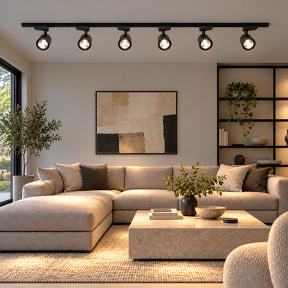 Six black track spotlights, ceiling-mounted and illuminated, shown from the front in a complete living room.
