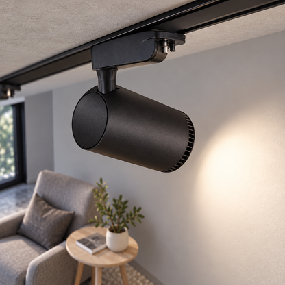 One selected illuminated black spotlight in the six-head kit, with complete original hooked sled and short rear stem, viewed from a medium upper rear body position while installed in its ceiling track.