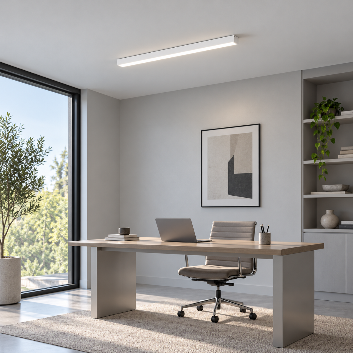 Architectural aluminium ceiling bar light — front far white lit, White50cm