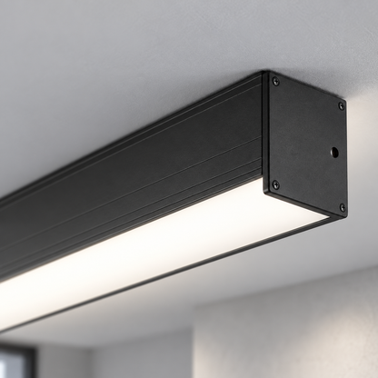 Architectural aluminium ceiling bar light — macro lit, Black