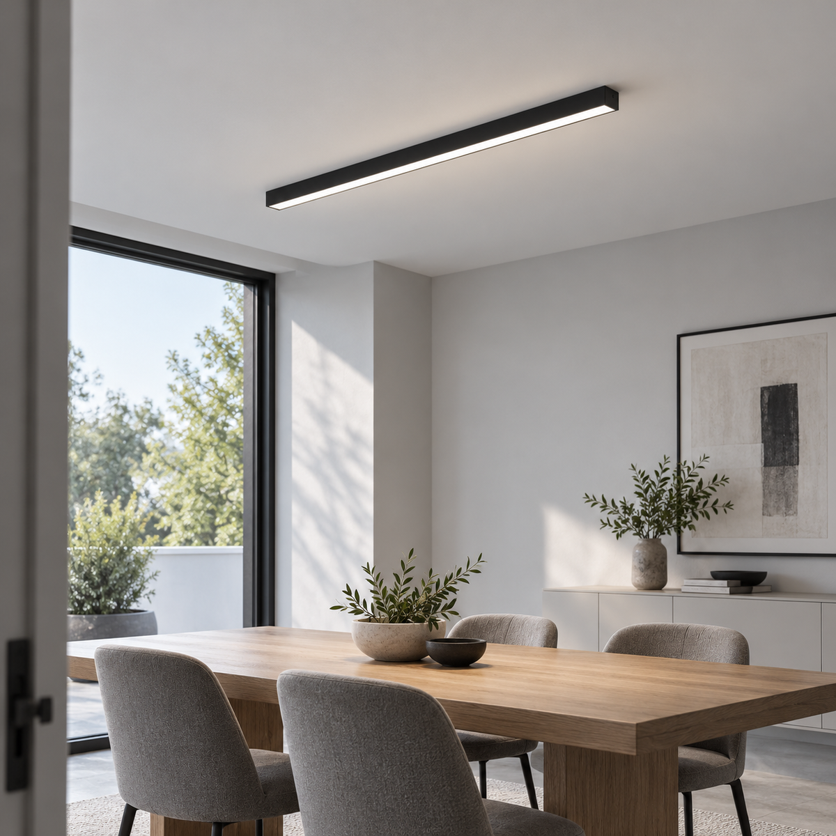 Architectural aluminium ceiling bar light — side far lit, Black50cm