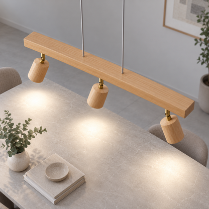 Wood pendant with pivoting spotlights — above three lit, Beige wood, three heads80cm