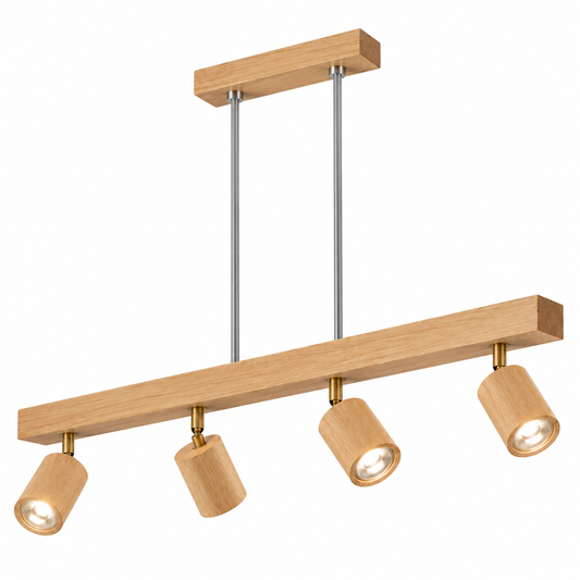 Wood pendant with pivoting spotlights — catalog four, Beige wood, four heads100cm