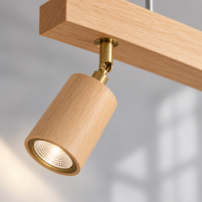 Wood pendant with pivoting spotlights — macro pivot lit, Beige wood