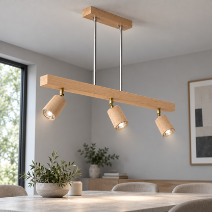 Wood pendant with pivoting spotlights — three head lit, Beige wood, three heads80cm