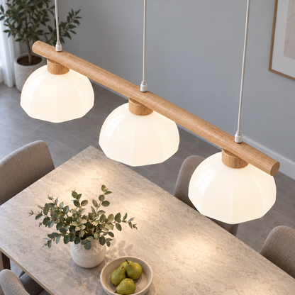 Solid wood pendant with three white glass domes — above three lit, Beige wood and white