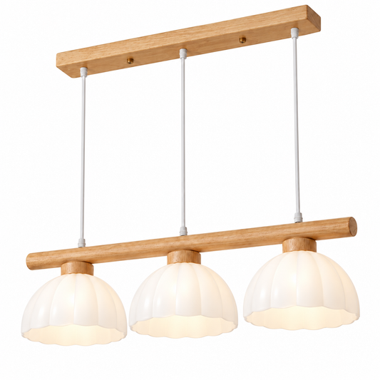 Solid wood pendant with three white glass domes — catalog three lit, Beige wood and white