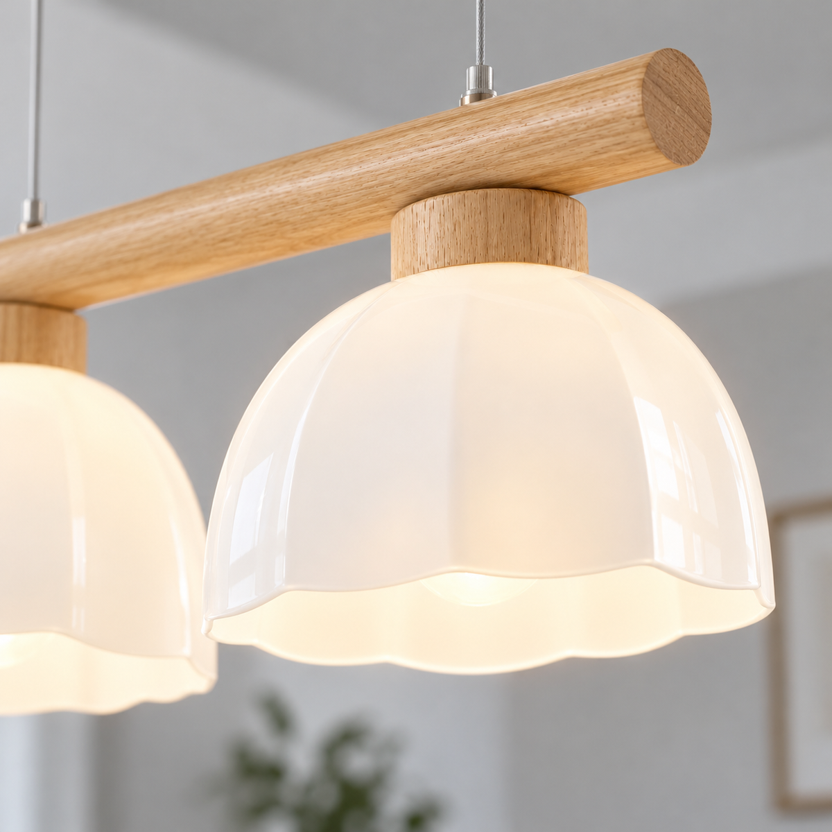 Solid wood pendant with three white glass domes — macro glass lit, Beige wood and white