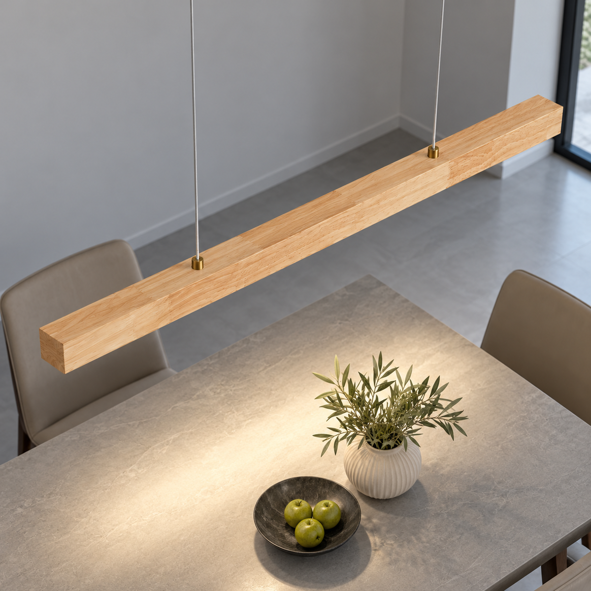 Slender rubberwood pendant for dining tables — above lit, Beige wood120cm