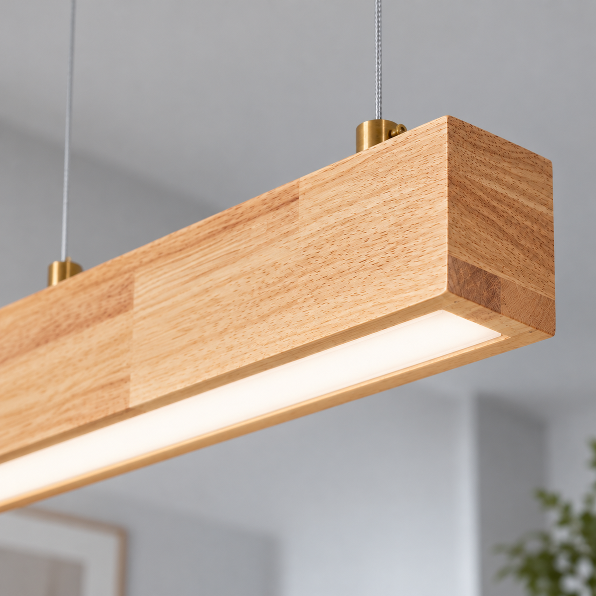 Slender rubberwood pendant for dining tables — macro right lit, Beige wood