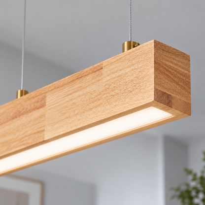 Slender rubberwood pendant for dining tables — macro right lit, Beige wood