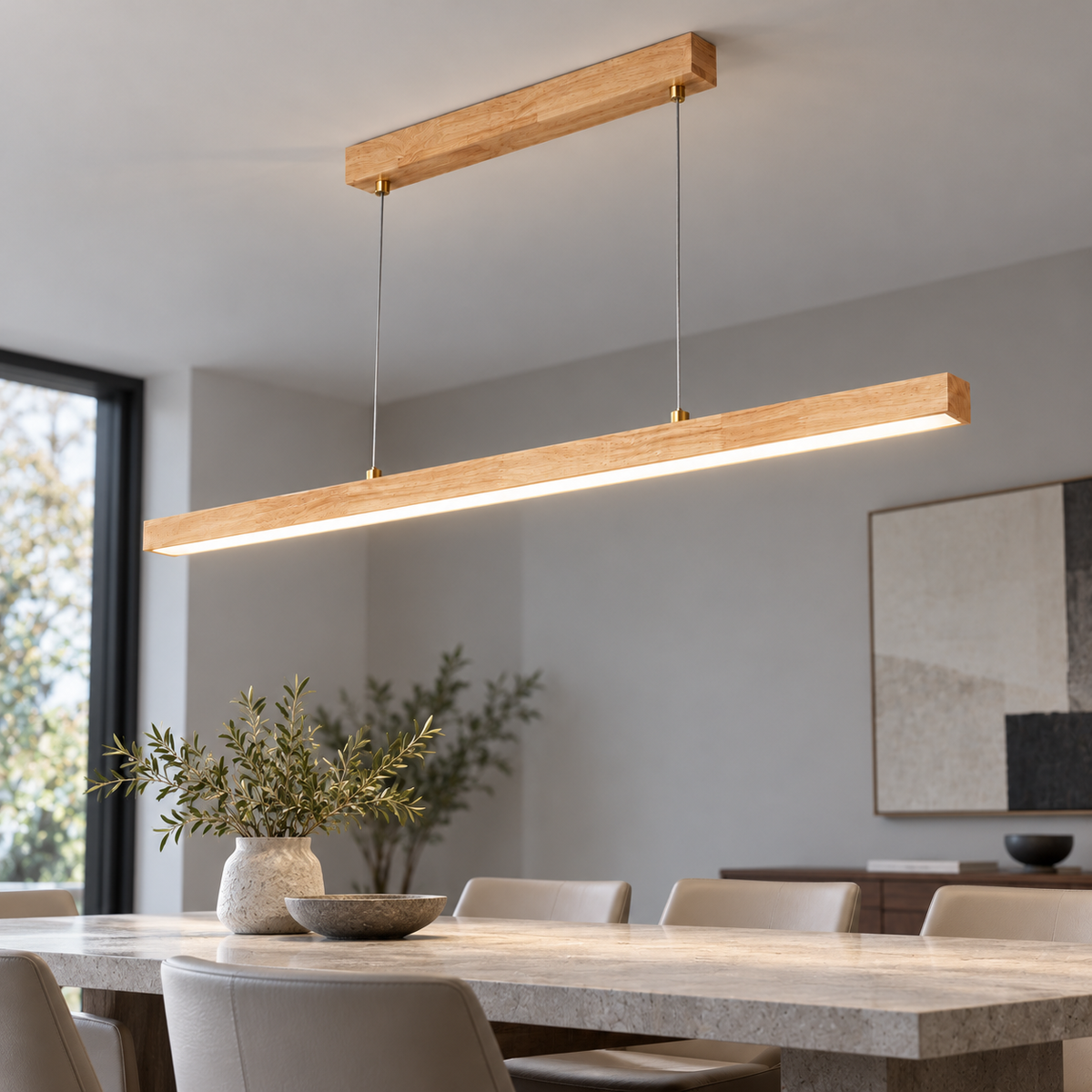 Slender rubberwood pendant for dining tables — neutral length 10, Beige wood200cm