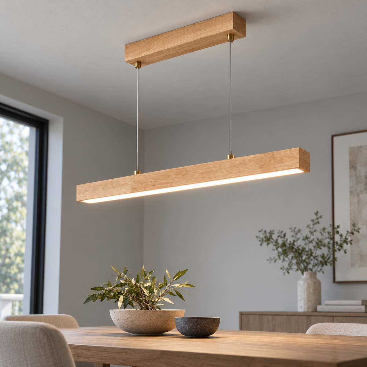 Slender rubberwood pendant for dining tables — neutral length 6, Beige wood60cm