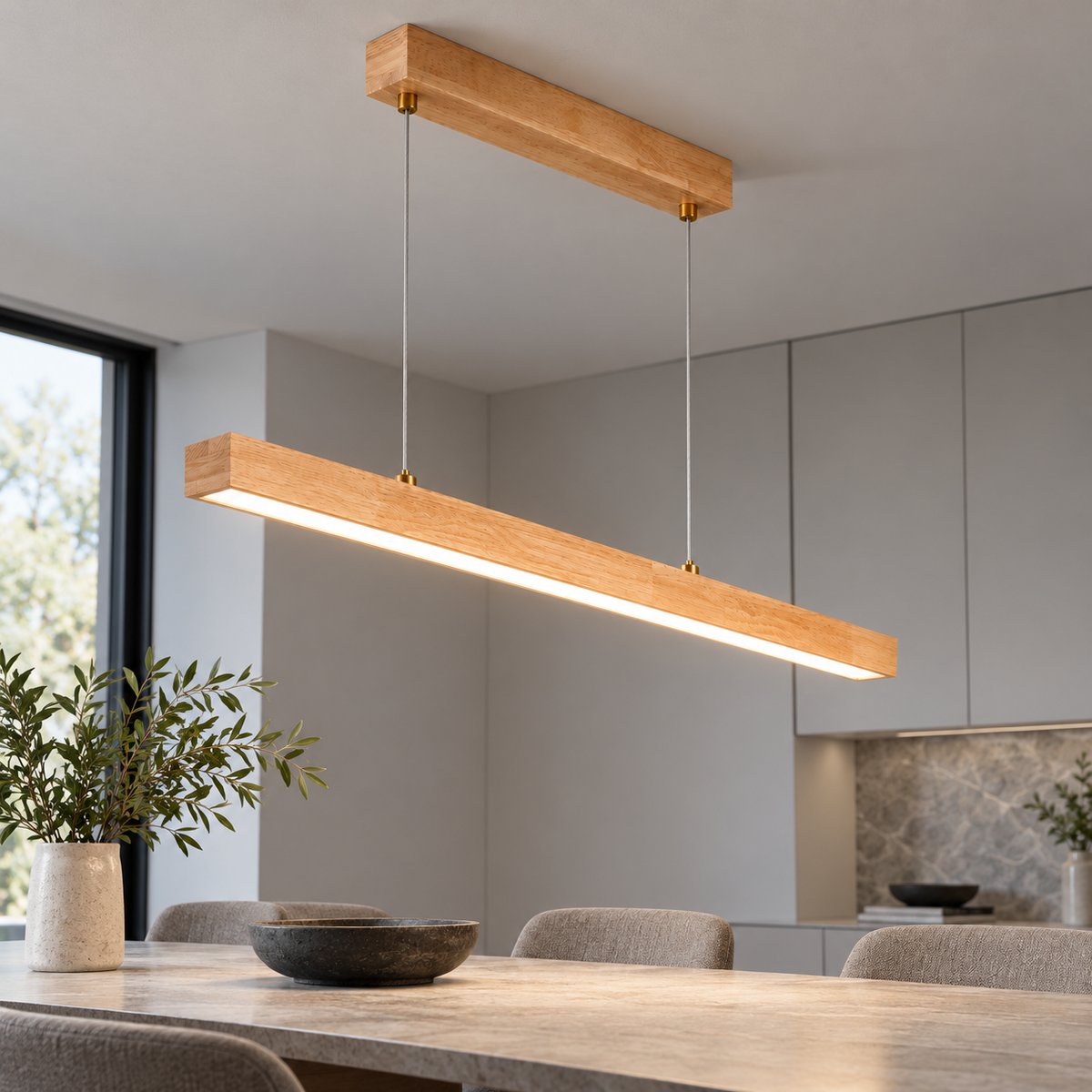 Slender rubberwood pendant for dining tables — neutral length 8, Beige wood100cm