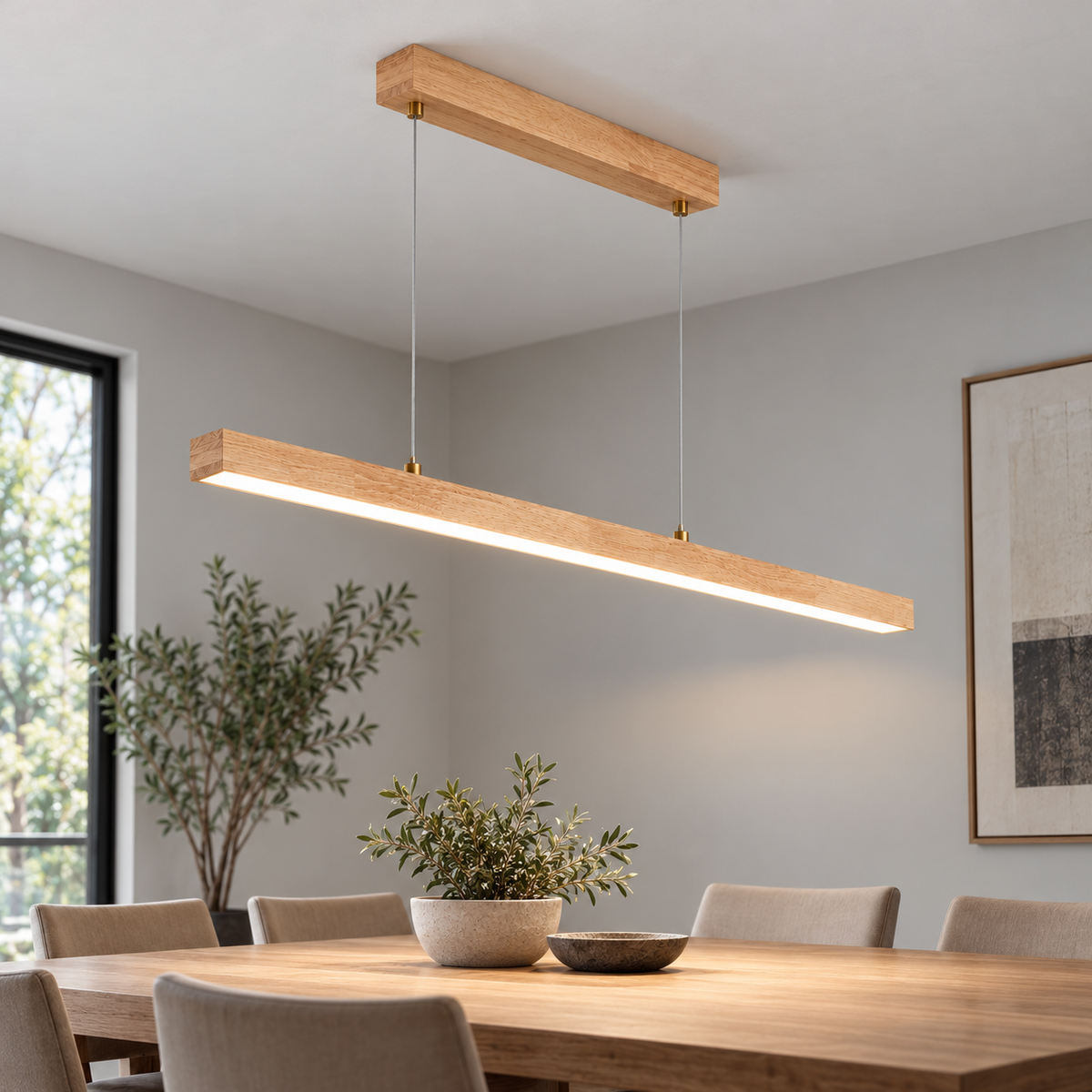 Slender rubberwood pendant for dining tables — neutral length 9, Beige wood150cm