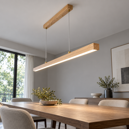 Slender rubberwood pendant for dining tables — under reverse lit, Beige wood120cm
