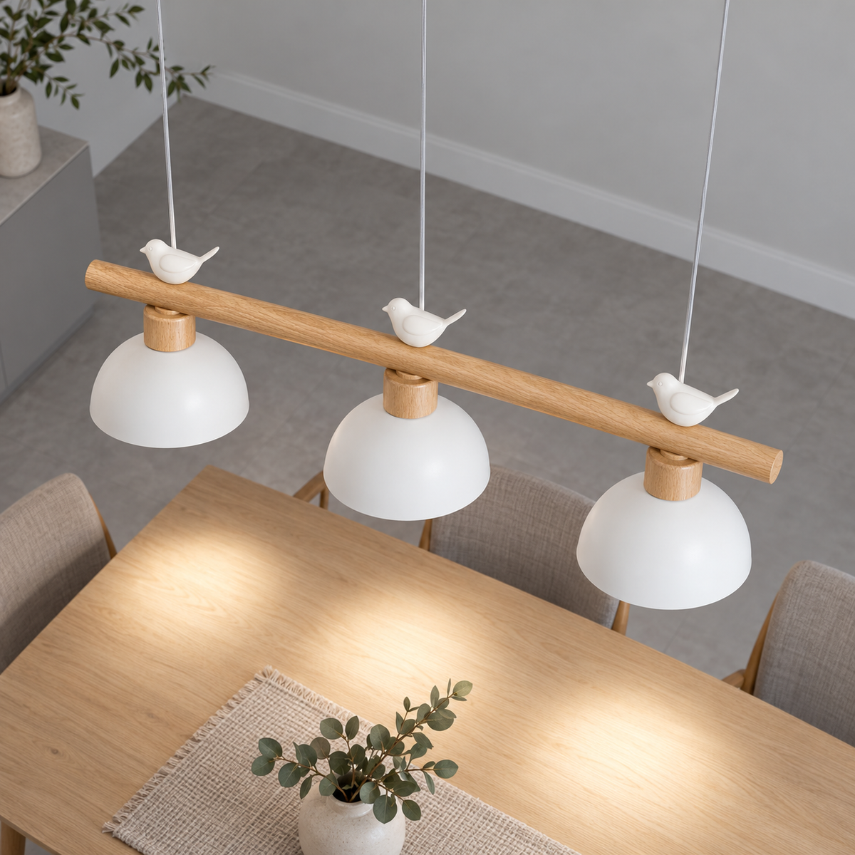 Woodland bird pendant with three dome shades — above white lit, White