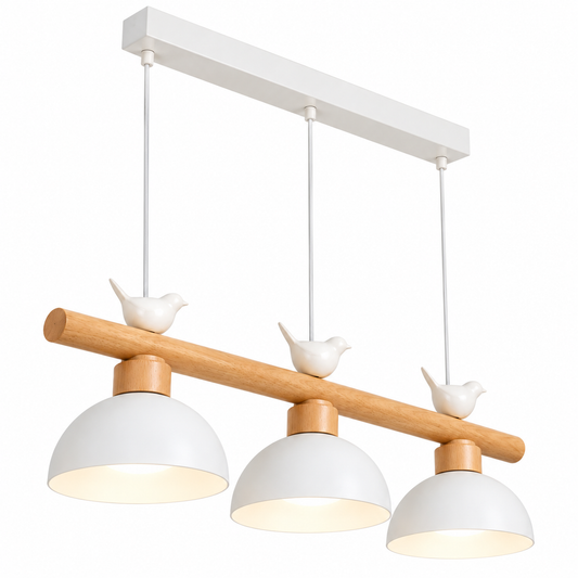 Woodland bird pendant with three dome shades — catalog white lit, White