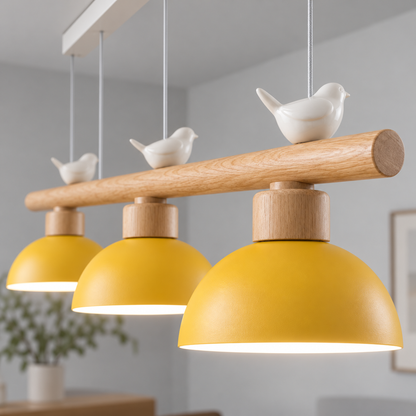 Woodland bird pendant with three dome shades — macro bird rear lit, Yellow