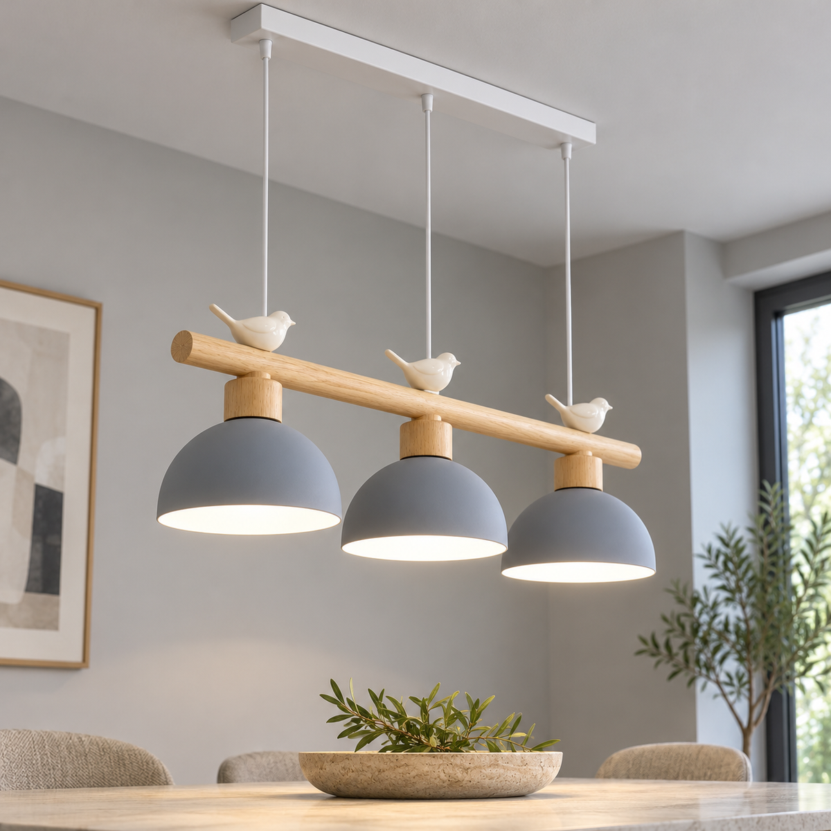 Woodland bird pendant with three dome shades — neutral finish 6, Grey