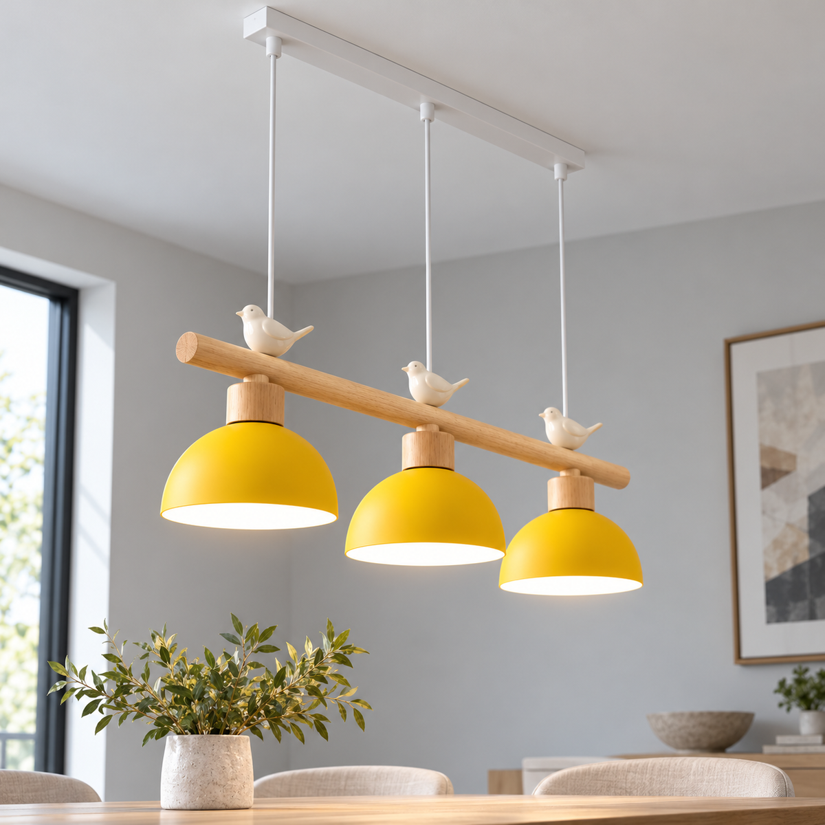 Woodland bird pendant with three dome shades — neutral finish 7, Yellow