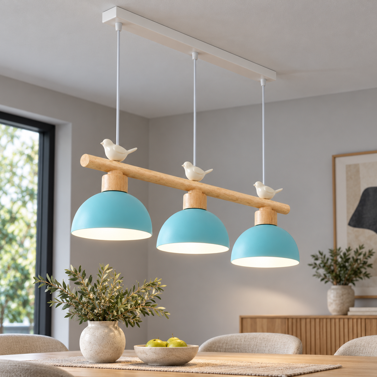 Woodland bird pendant with three dome shades — neutral finish 8, Blue
