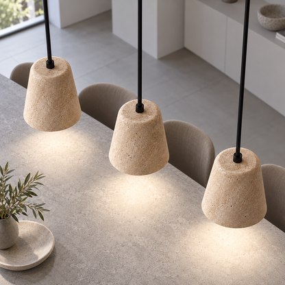 Sculptural travertine pendant with a wooden canopy — above three lit, Walnut canopy, three matching tapered shades