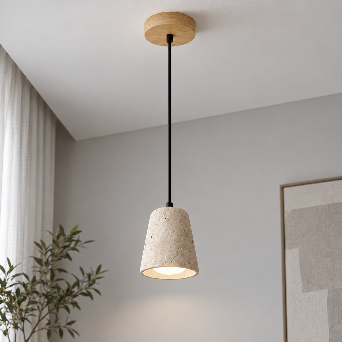 Sculptural travertine pendant with a wooden canopy — beige single lit, Beige wood round canopy, ONE matching tapered shade